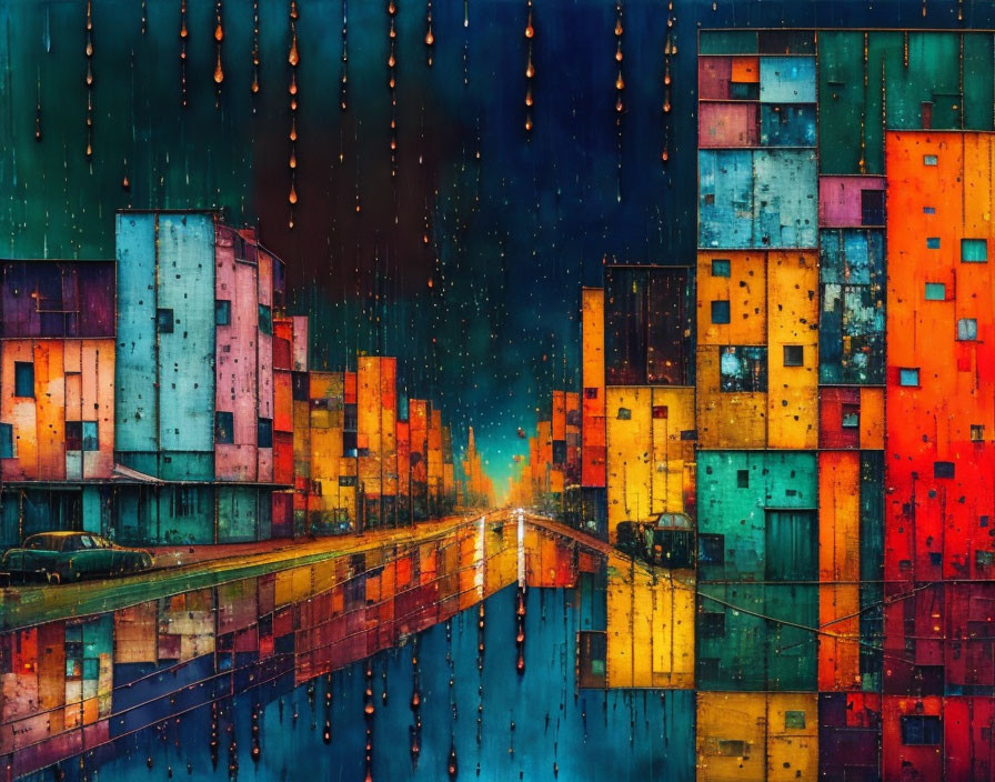 Vibrant building facades in rain with traffic lines reflection