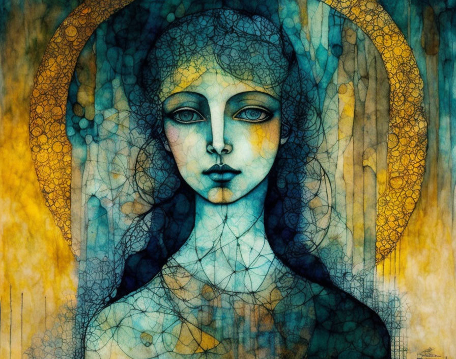 Surreal female figure with halo circle, intricate patterns, warm yellow and cool blue tones