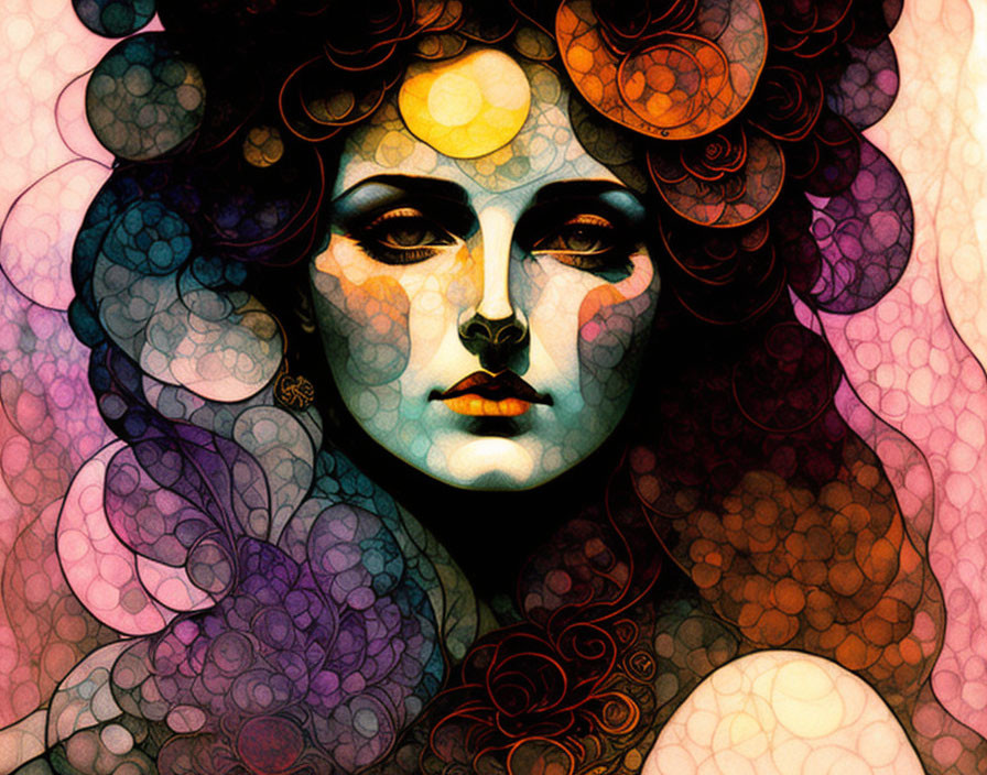 Vibrant woman illustration with intricate circle and floral hairdo