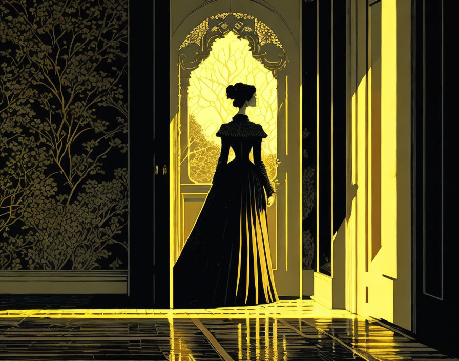 Elegant figure in silhouette at ornate doorway in golden-lit room