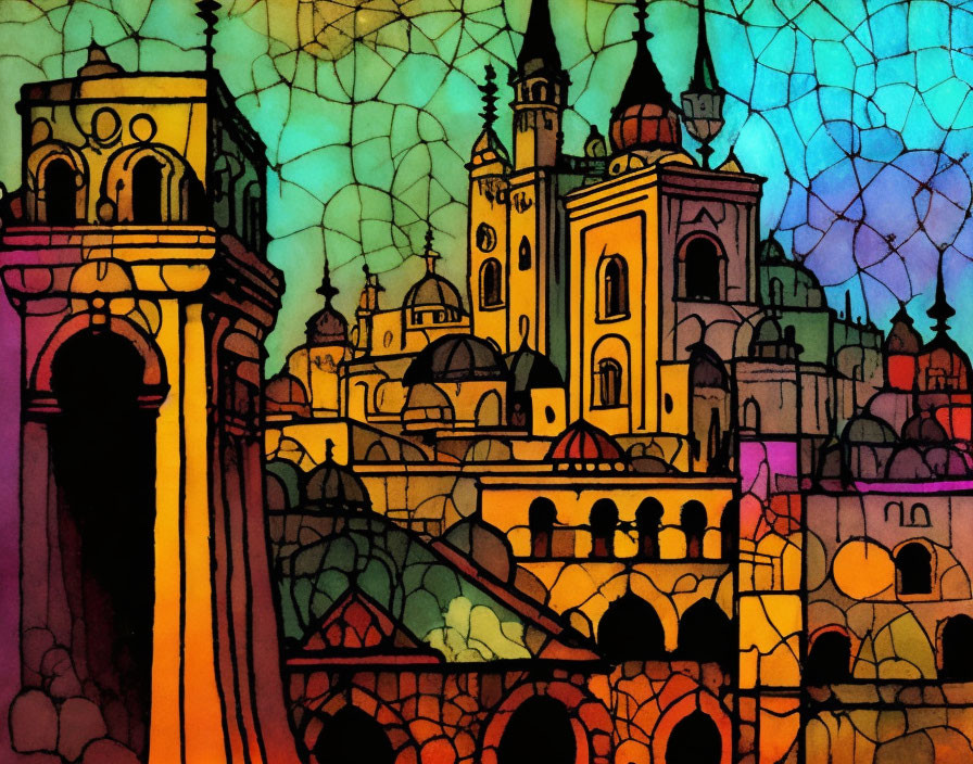 Colorful stained-glass-style cityscape illustration.