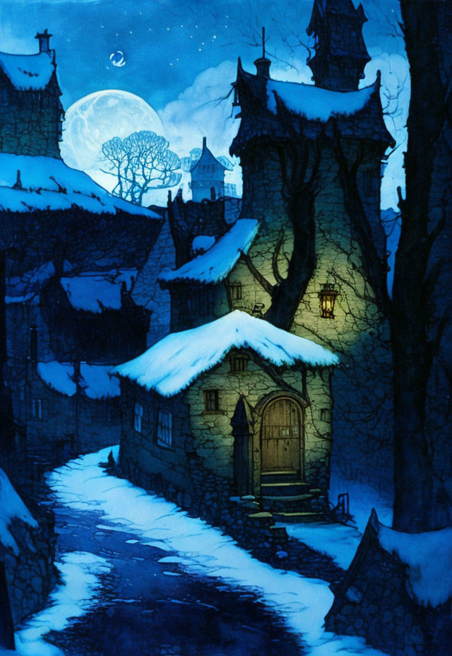 Snow-covered medieval village under full moon