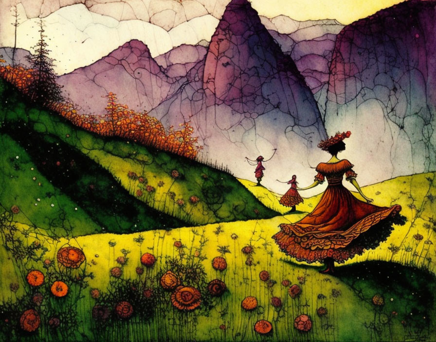 Whimsical watercolor painting of figures in vibrant meadow