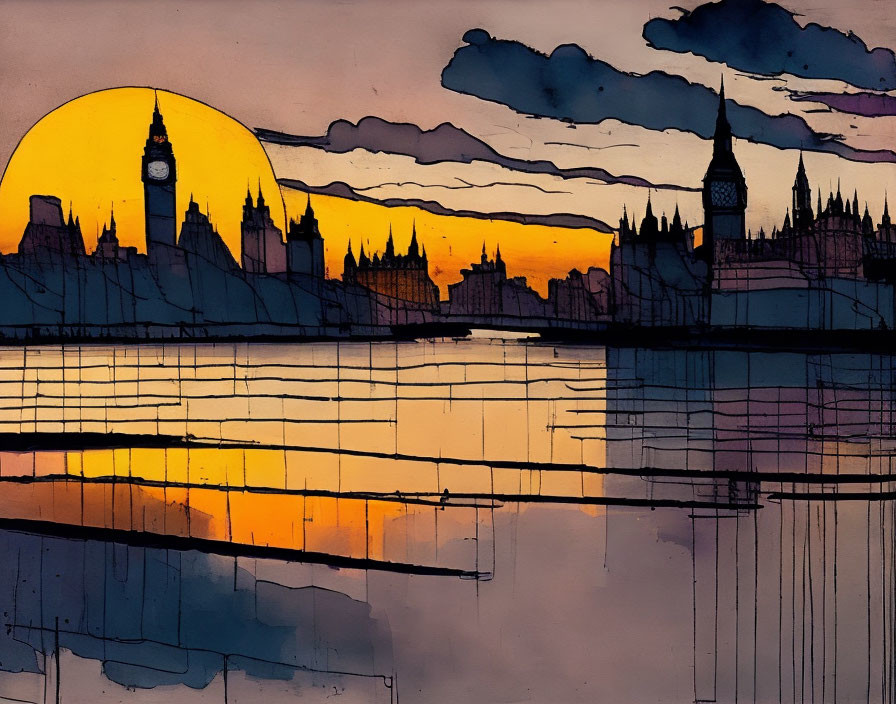 Sunset skyline silhouette illustration of London with warm hues