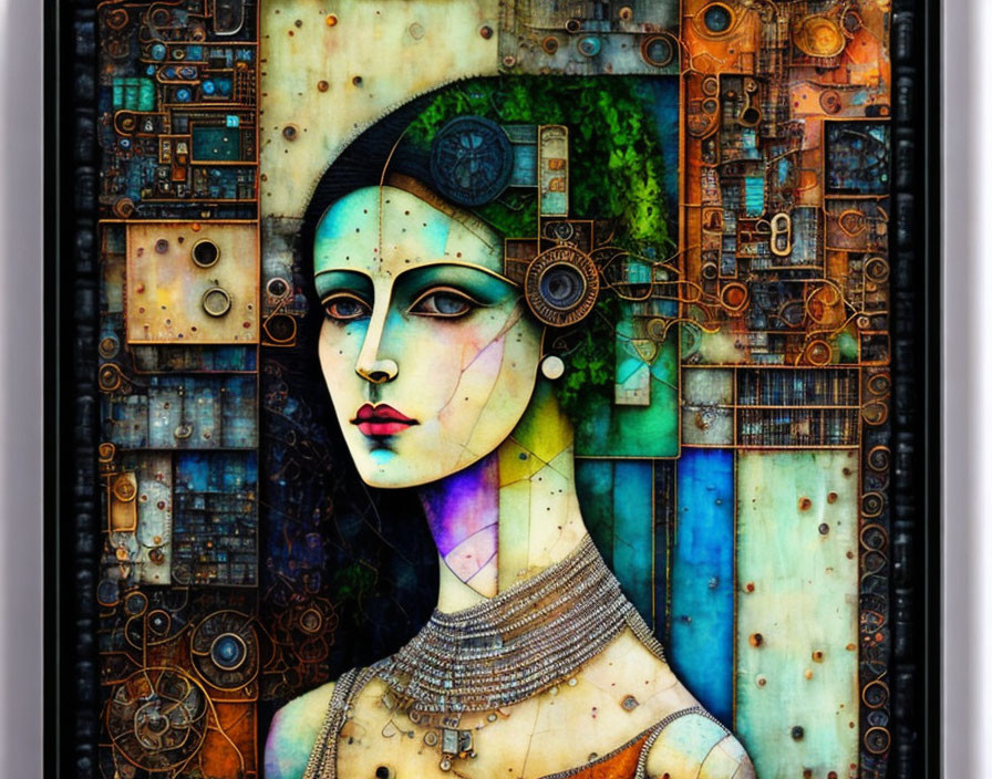 Colorful geometric steampunk woman art with mechanical elements