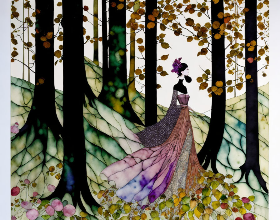 Graceful woman in flowing gown among autumn trees and vines.