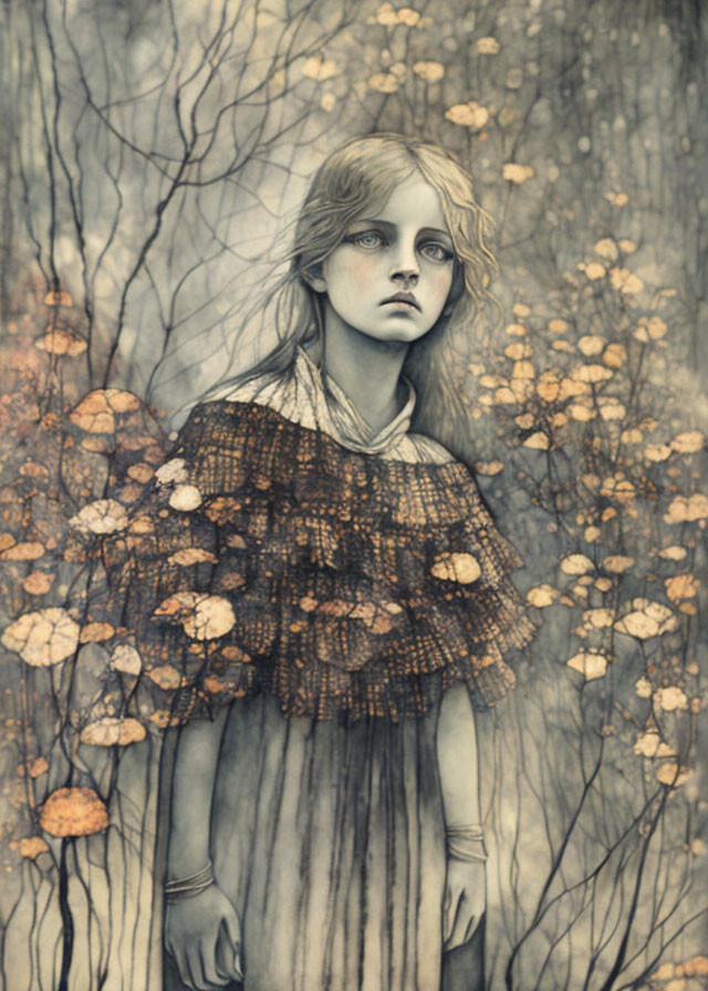 Melancholic girl in forest with bare trees and floating golden leaves