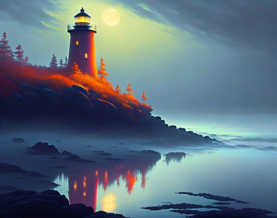 Moonlit lighthouse on cliff with mist and autumn foliage