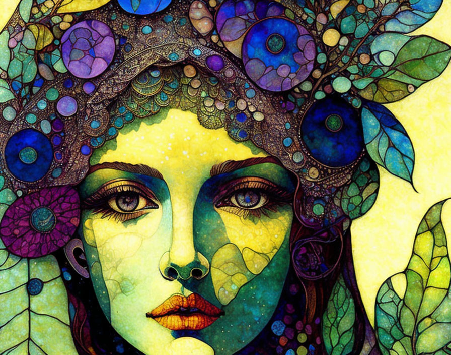 Vibrant illustration of a woman's face with intricate patterns in botanical and celestial theme