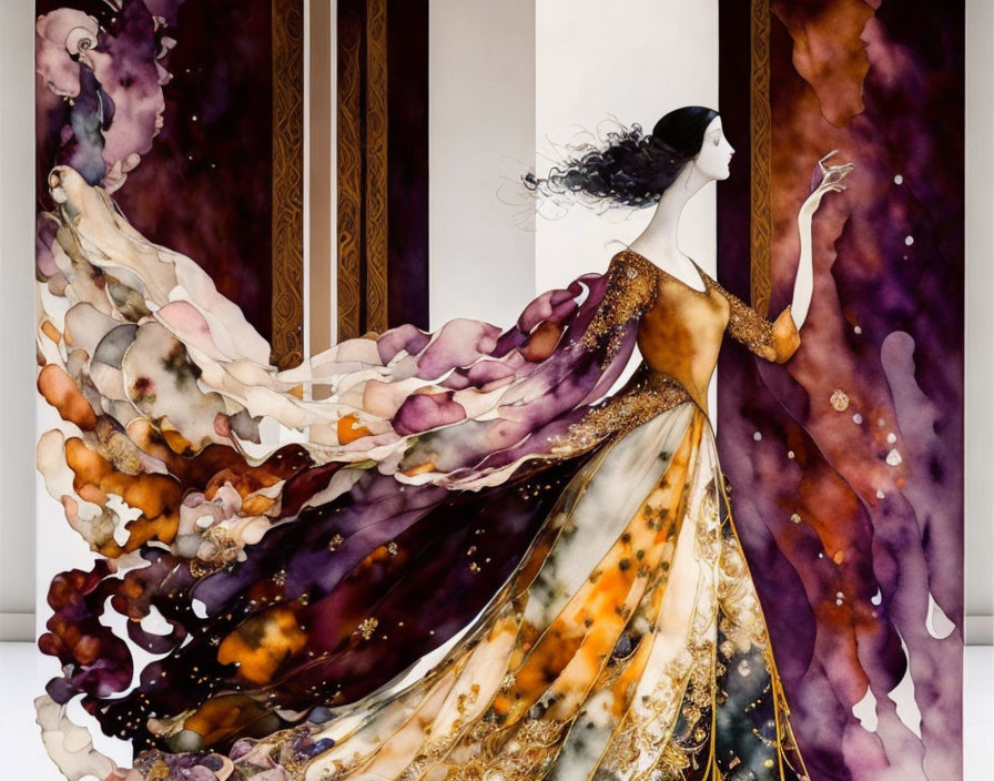 Illustrated woman in purple and gold gown against stylized backdrop