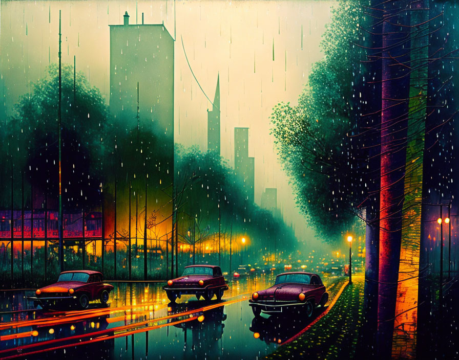 Rainy Night Cityscape: Vintage Cars, Wet Pavement, Illuminated Buildings