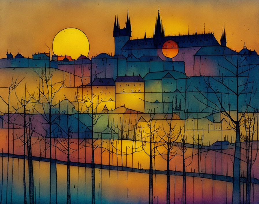 Cityscape sunset painting with silhouetted trees and castle on hill