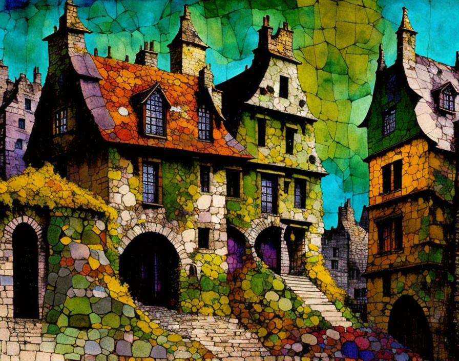 Whimsical houses illustration with colorful roofs on mosaic background