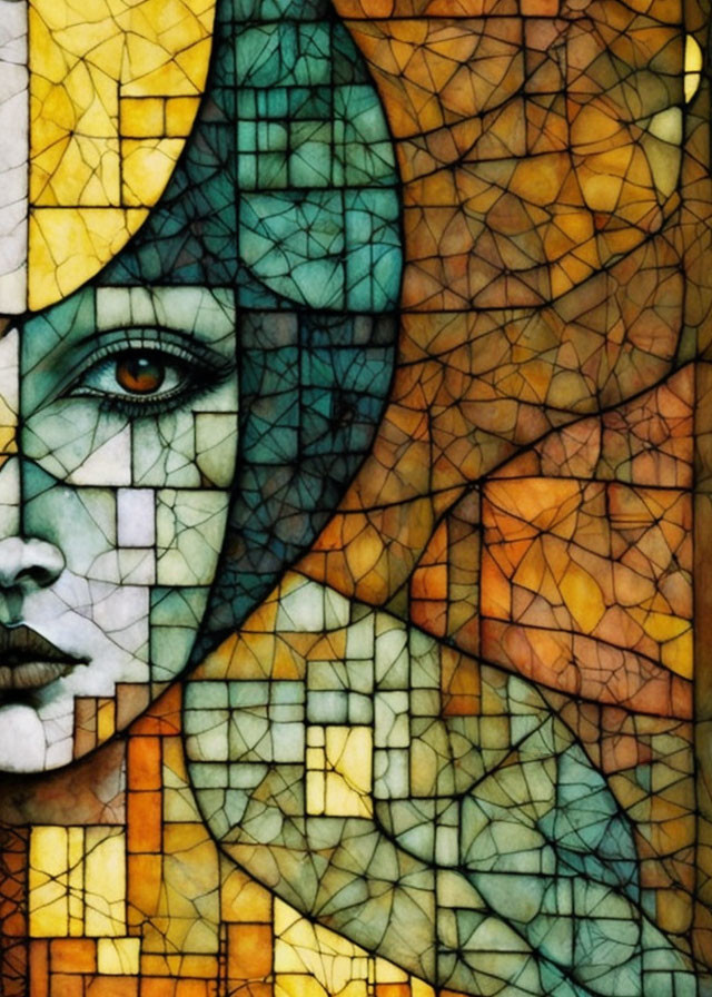 Face with One Eye in Stained Glass Style and Geometric Shapes