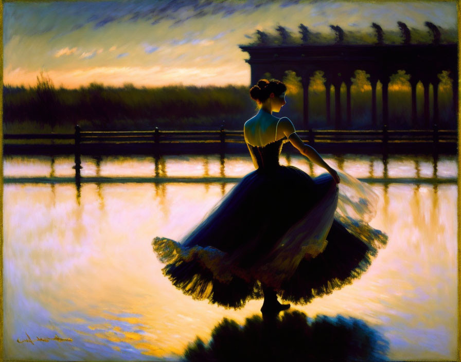 Ballerina in black tutu by serene lake at sunset