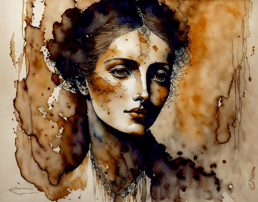 Sepia-toned woman portrait with lace headpiece and paint drip backdrop