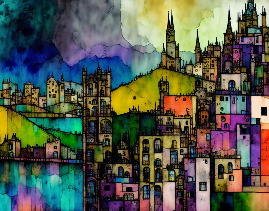 Colorful watercolor cityscape with castle-like structure under moody sky