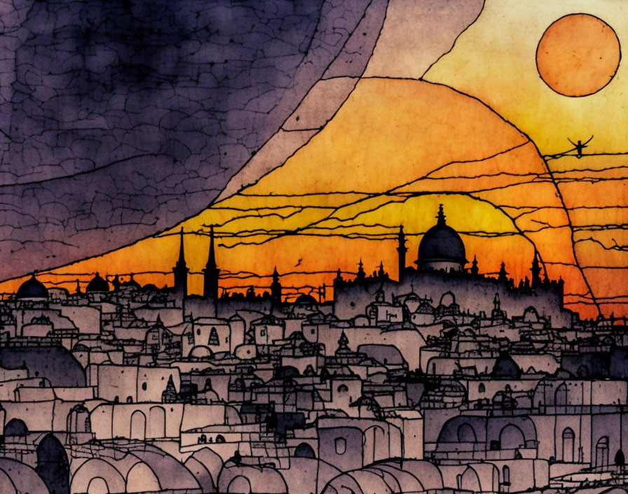 Cityscape Sunset Illustration: Silhouetted Domes, Minarets, and Airplane