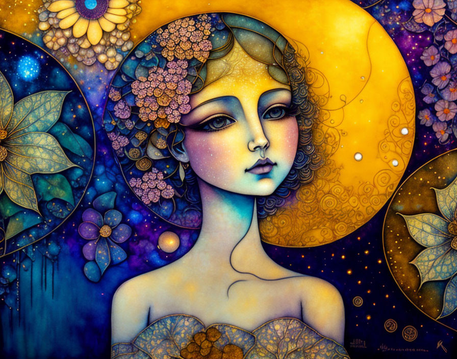 Surreal woman illustration with floral patterns and crescent moon