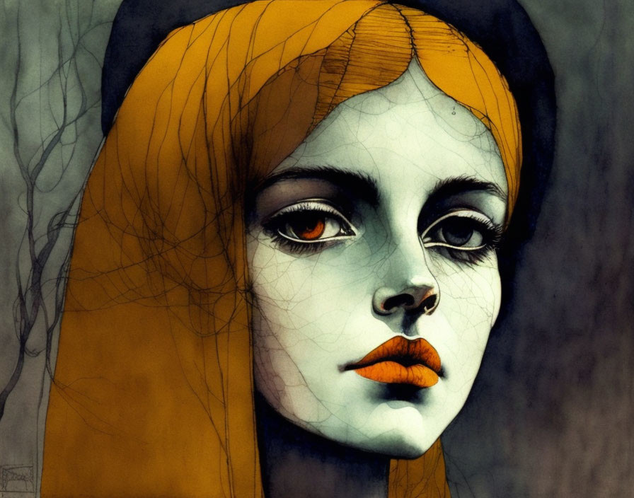 Stylized portrait of woman with orange scarf and dark-rimmed eyes