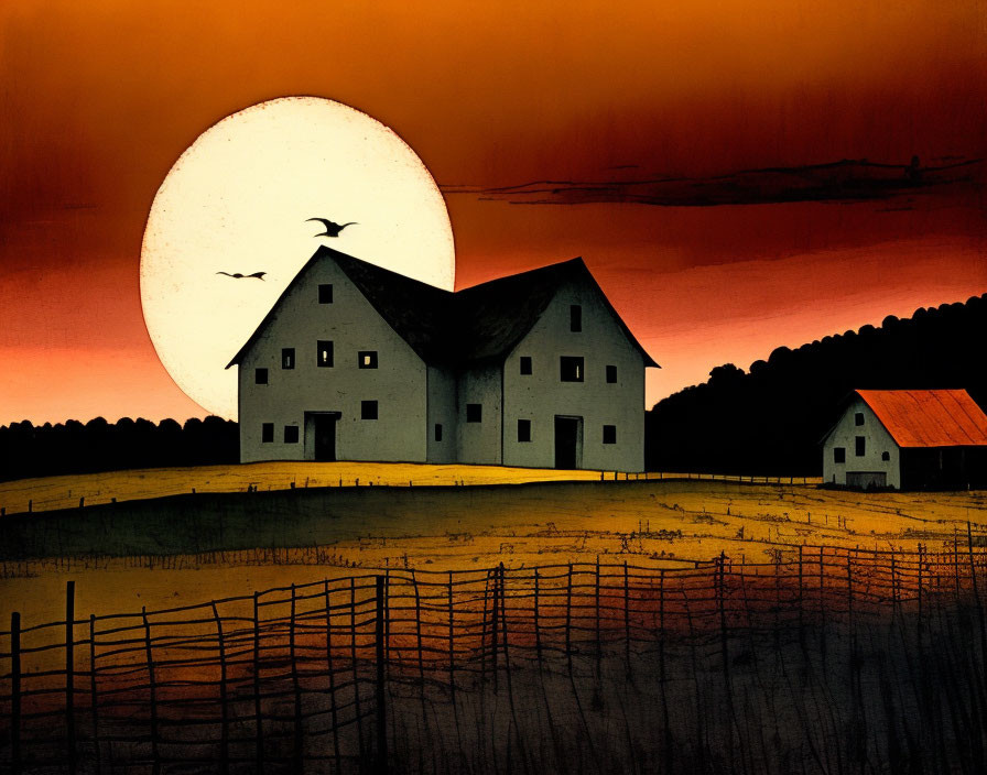 Rural farmhouse and barn under full moon in orange sky