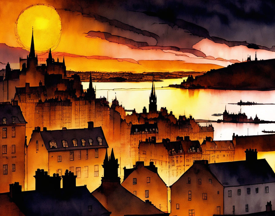 Cityscape Watercolor Painting: Sunset Silhouettes & Orange Sky