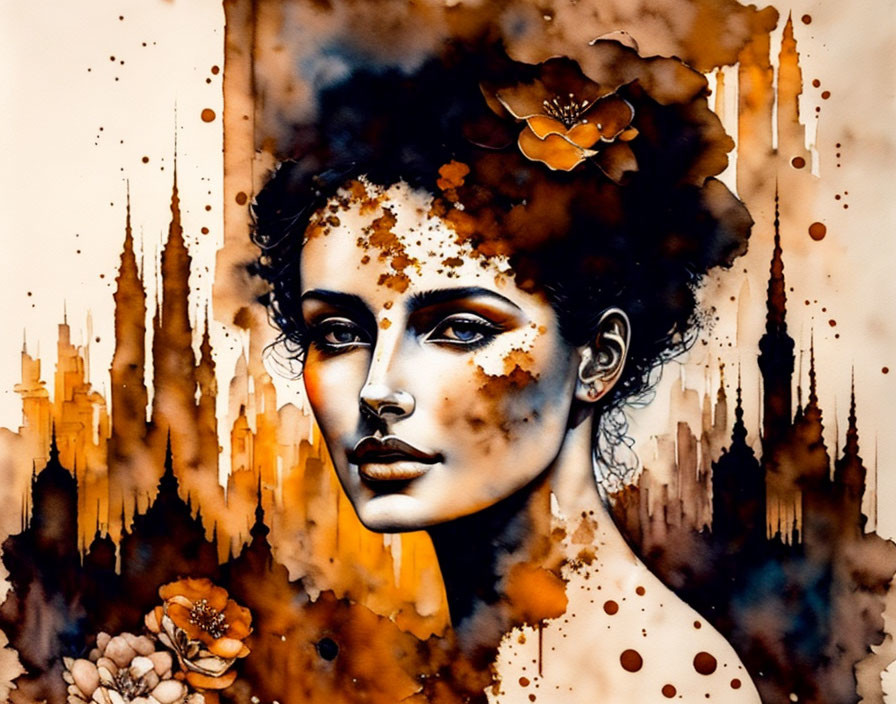 Stylized portrait of a woman with flower hair, warm brown and orange tones