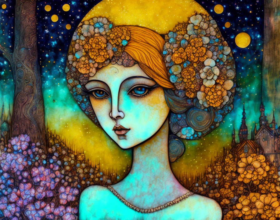 Woman with Floral Halo in Vibrant, Mystical Setting