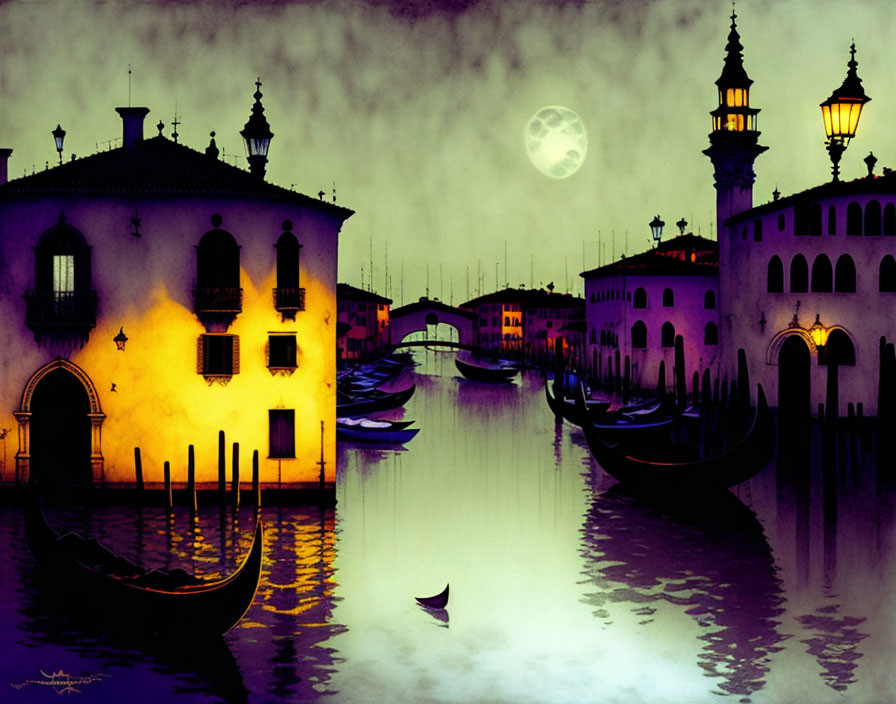 Venetian canals at night with gondolas and illuminated buildings