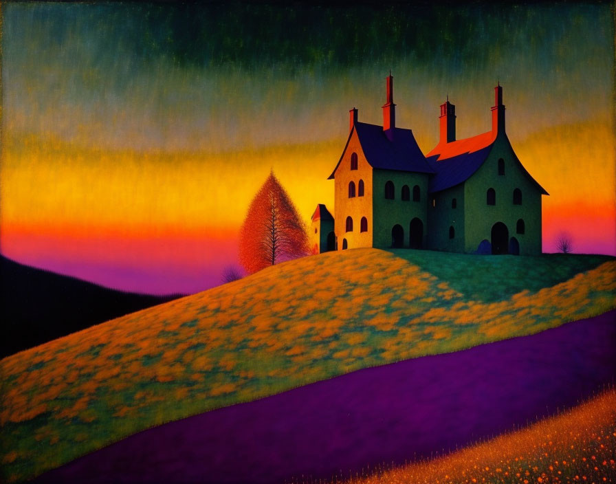 Stylized painting: Large house, red roofs, hill, vibrant sunset, solitary tree