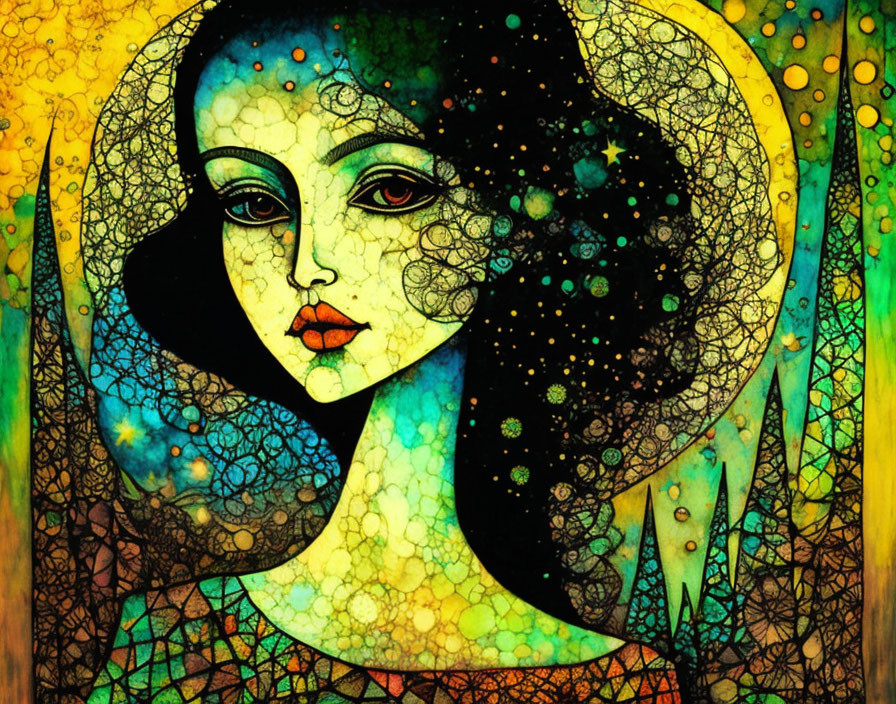 Colorful portrait of a woman with dark hair and celestial motifs