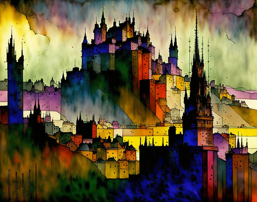 Colorful Watercolor Painting of Cityscape with Castle-Like Buildings