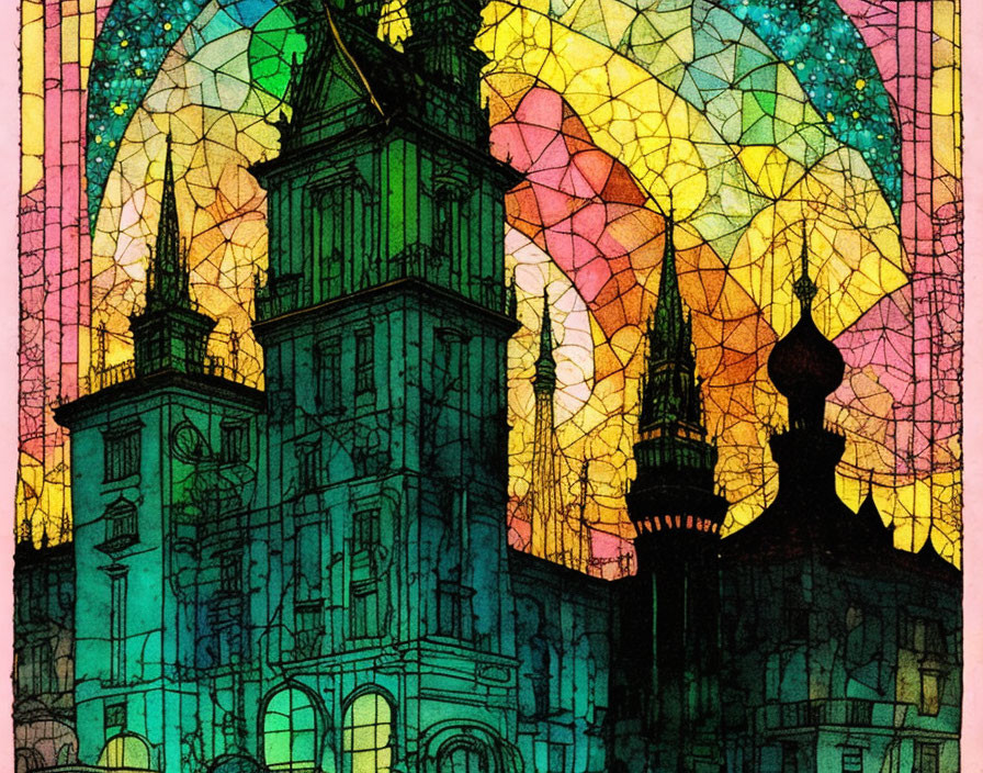 Vibrant stained glass-style art of towered structure on mosaic background