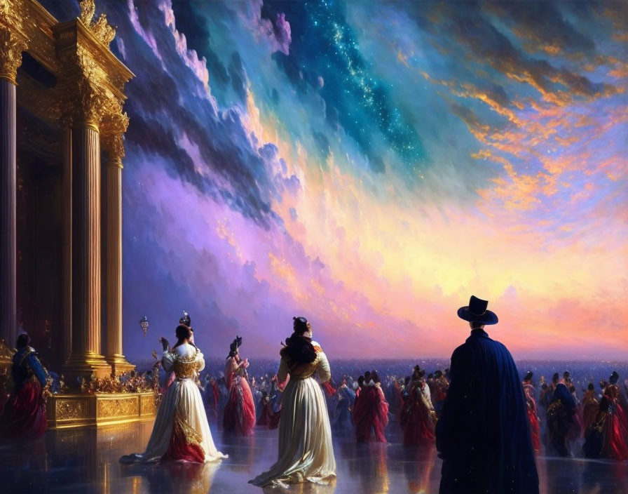 Period costume figures under fantastical sky by grand architecture