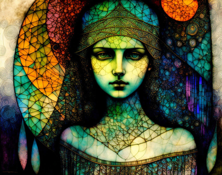 Colorful geometric female figure with stained glass and mandala elements