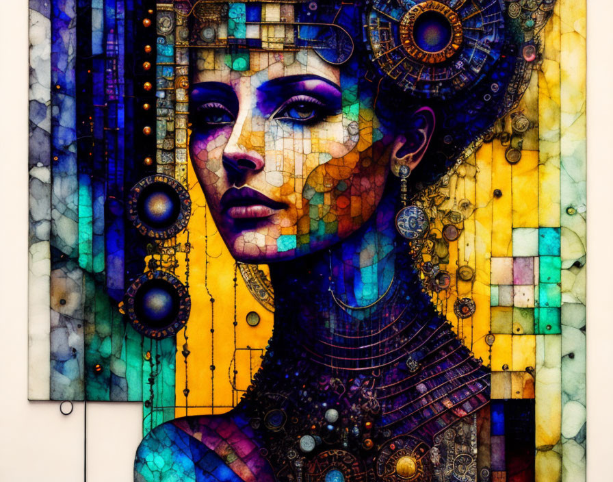 Vibrant portrait of a woman with Egyptian queen inspiration and mosaic details