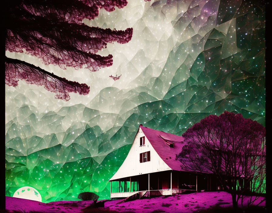 Surreal landscape with purple ground, white house, trees, geometric sky blending into space.