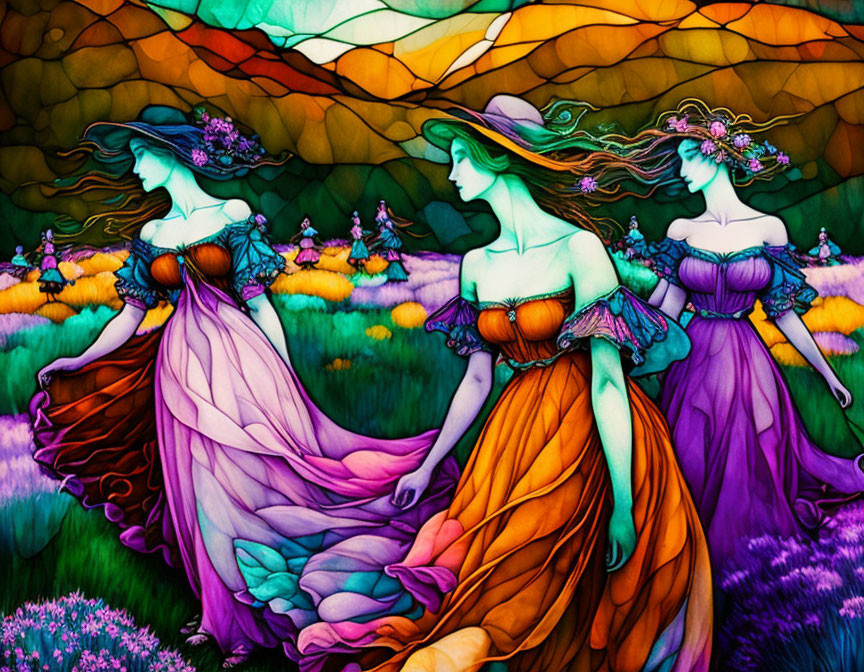 Ethereal women in flowing dresses in vibrant, colorful landscape