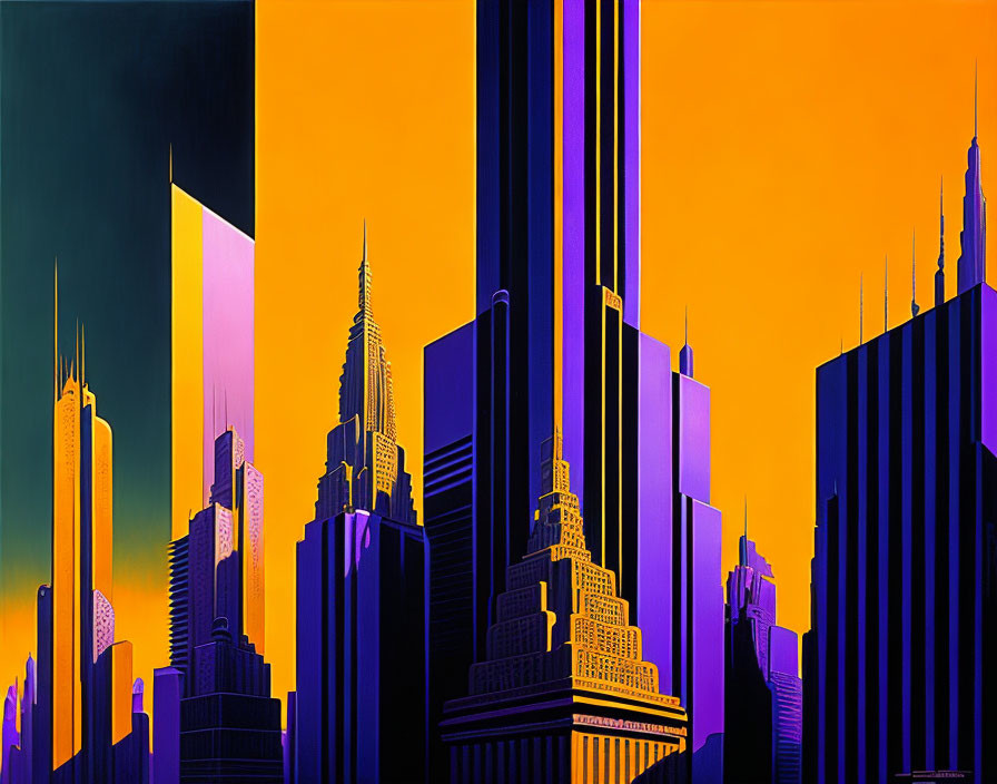 Vivid Orange and Purple Stylized Cityscape Artwork