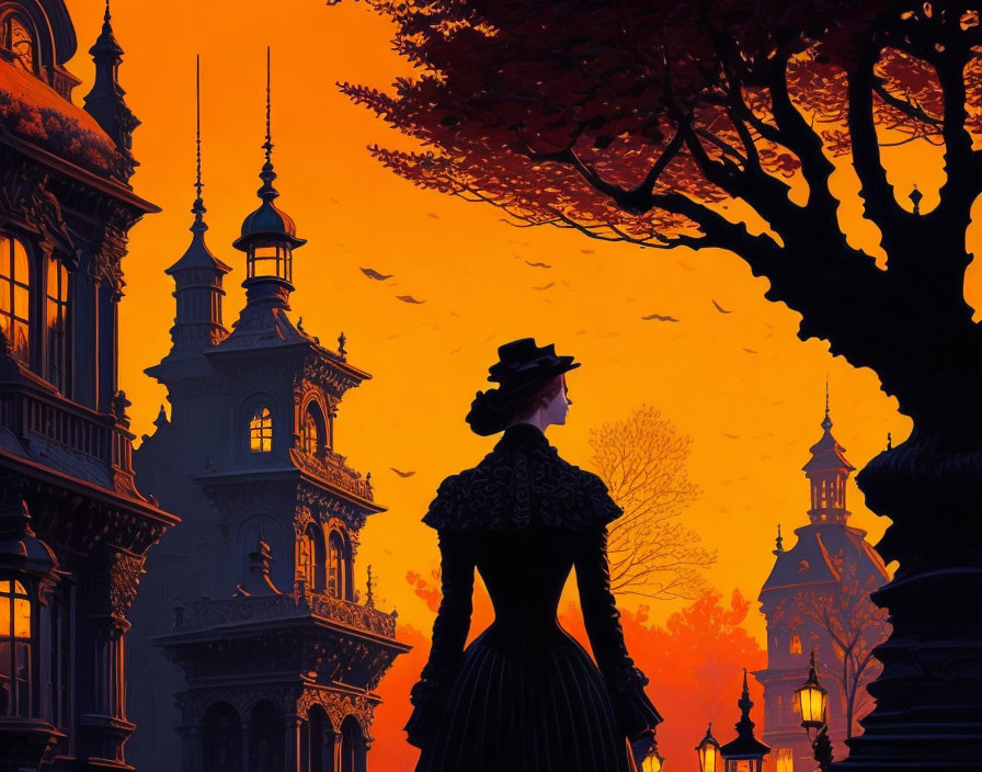 Victorian woman admiring orange sunset over ornate buildings and falling leaves