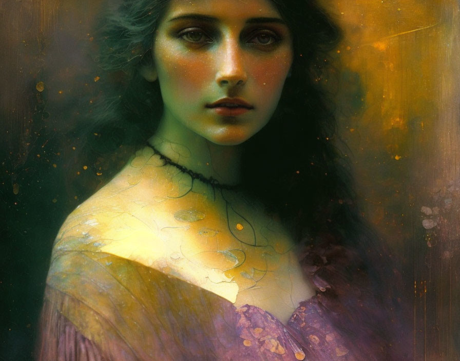 Portrait of Woman with Striking Eyes in Golden Jewelry and Translucent Dress