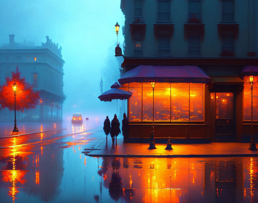 Warmly lit cafe and people under an umbrella in cozy dusk street scene