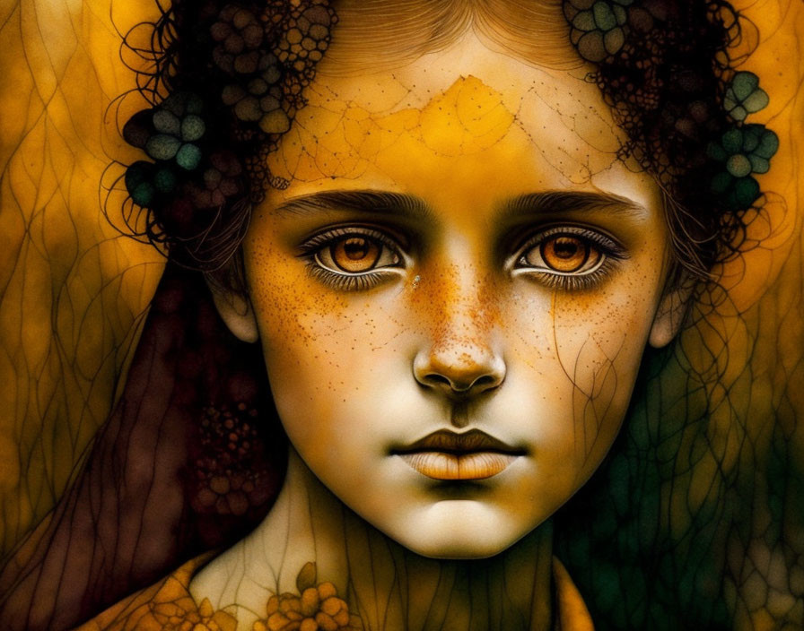 Young girl with striking eyes and freckles in autumn floral digital painting