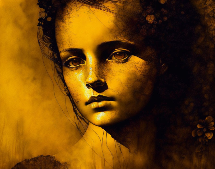 Woman's face in high-contrast sepia tones with floral elements - surreal and artistic.