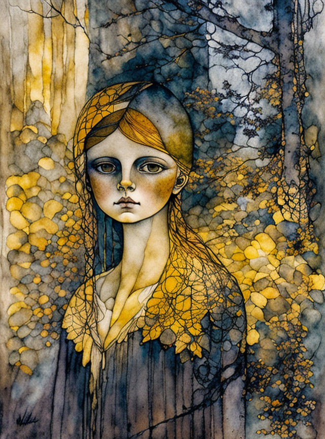 Illustration of solemn girl in yellow headscarf among dark trees