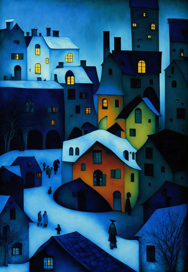 Vibrant village painting: colorful houses at night, snowy streets, figures in motion