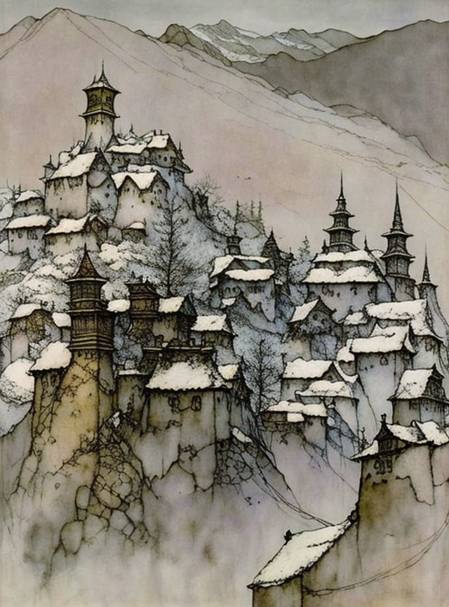 Whimsical snow-covered village with fairy-tale towers nestled in hills