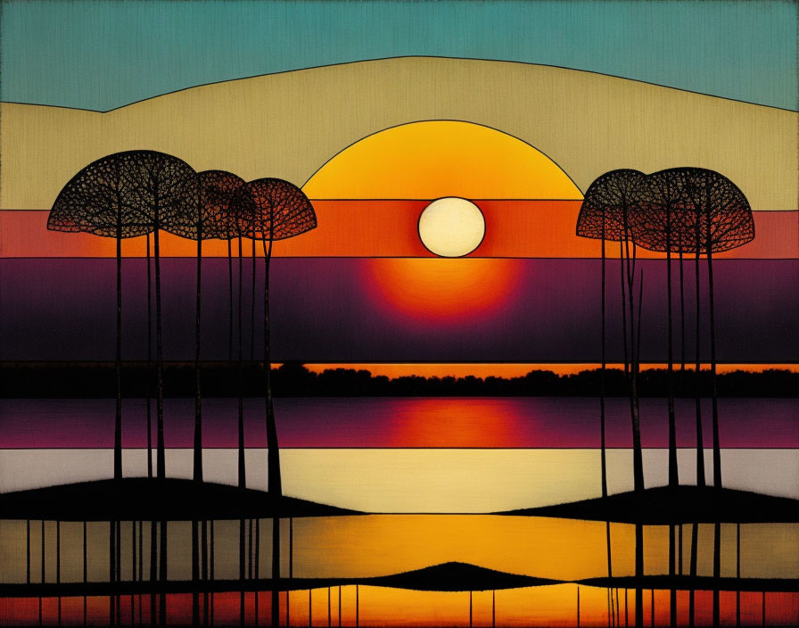 Sunset-themed artwork with slender trees and water reflection in warm and cool colors