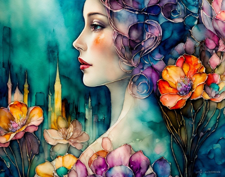 Colorful Watercolor Painting of Woman Profile with Flowers and Cityscape