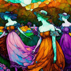 Ethereal women in flowing dresses in vibrant, colorful landscape